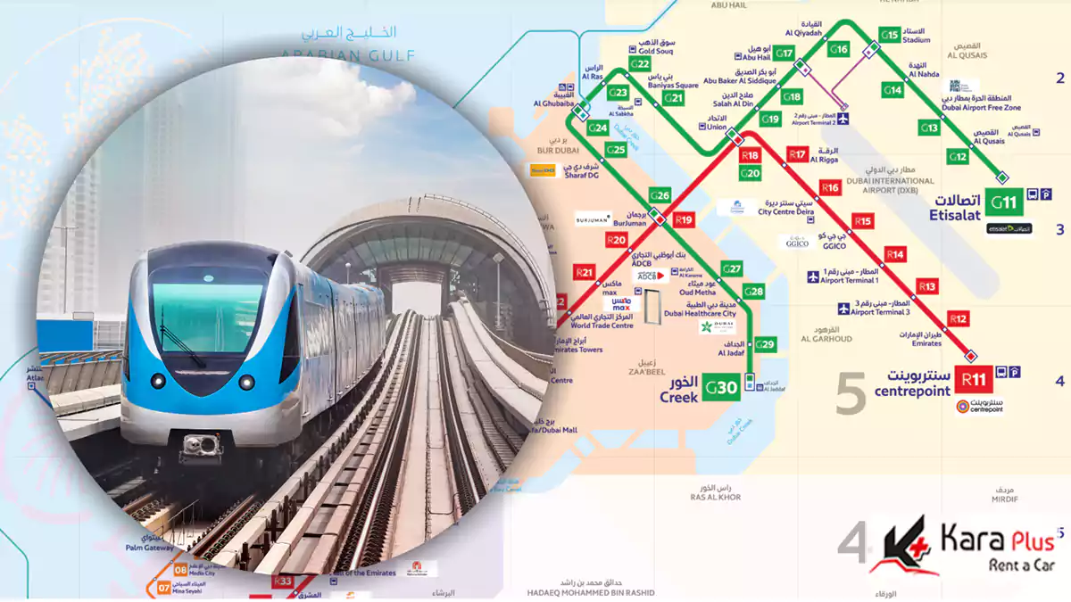 نقشه مترو دبی با خطوط رنگی مسیر ها مشخص شده است